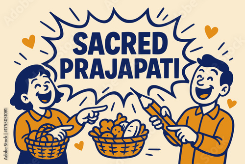 Prajapati Cartoon Celebration. Sacred Prajapati banner, flat vector illustration, bold oversized text inside comic burst, cartoon characters laughing and