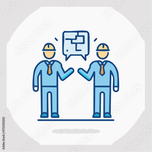 Two construction workers in blue uniforms discussing a building plan, represented by a speech bubble.