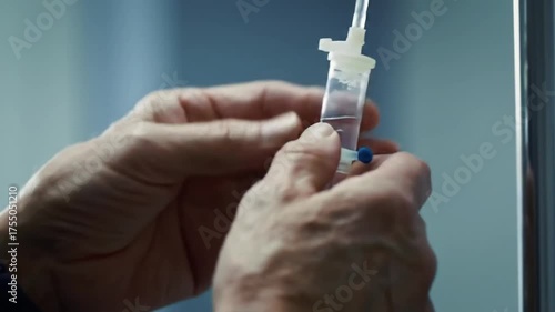 Close-up of hands adjusting an intravenous drip, medical equipment in use.