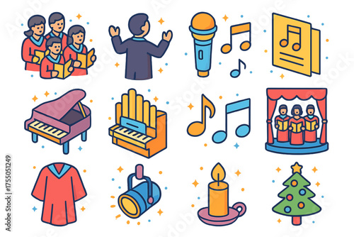 Vocal Ensemble Icons. Vocal Ensemble. Colorful isometric vector icons set of vocal ensemble: singers, conductor, microphone, sheet music, piano, organ, music