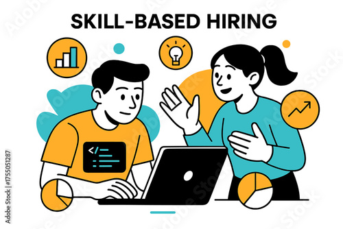 Skill-Based Hiring Illustration. Skill-based hiring. Candidates demonstrating coding challenges on a laptop, hands gesturing during a collaborative