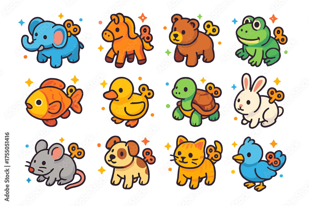 Obraz premium Wind-up Fantasy Animals. Fantasy Animals. Colorful isometric vector icons set of fantasy animals: wind-up elephant, wind-up horse, wind-up bear, wind-up frog,