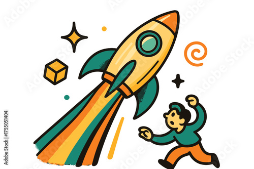 Retro Rocket Voyage. Retro rocket. Glowing vintage-style rocket soaring upward with curved fins and colorful trails. Floating icons of sparkle, cube, and swirl