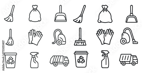 Cleaning and hygiene line icons set – outline, sanitation, cleaning tools