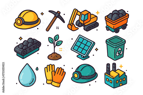 Colorful Mining Icons. Mining Environment. Colorful isometric vector icons set of mining environment: mining helmet, pickaxe, excavator, ore cart, conveyor