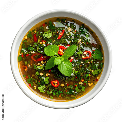 Close-up of a white bowl filled with vibrant green herb sauce, chili flakes, and fresh basil
