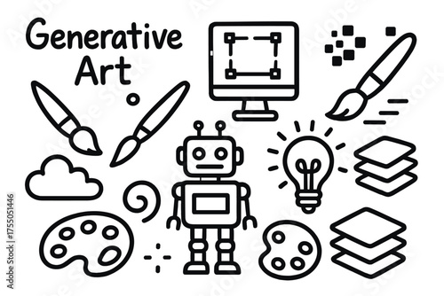 Generative Art Doodles. Generative Art. Hand-drawn doodle illustration Generative Art computer paintbrush tablet robot cloud palette digital pixels swirl idea