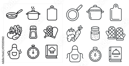 Kitchen cooking outline icons set – linear, kitchenware, culinary design elements