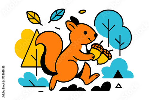 Squirrel Gathering Acorns. Squirrel Gathering. Squirrel carrying acorns among abstract trees and foliage, floating leaves and geometric forest accents, lively