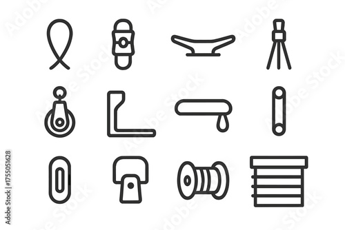 Cord Control Icons. Cord control. Line icon set of Cord control: cord loop, cord lock, cleat, tassel, pulley, bracket, handle, tensioner, cord clip, cord