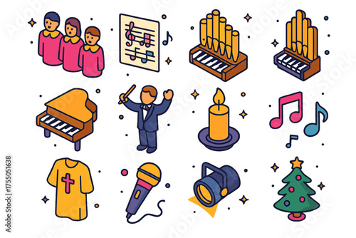 Sacred Music Icons. Sacred Music. Colorful isometric vector icons set of sacred music: choir group, sheet music, organ, piano, conductor, candle, robe,