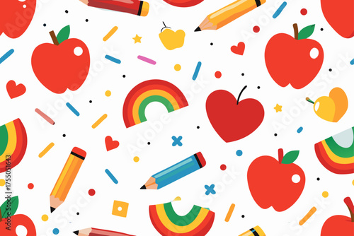 Back to School Pattern with Apples Pencils Rainbows and Hearts Keywords: school, education, back to school, apple, pencil, rainbow, heart, star