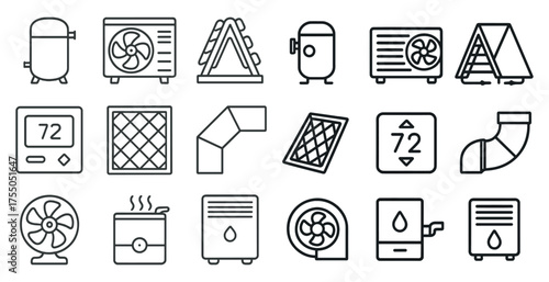 Hvac line icons set – outline, heating, ventilation and cooling system symbols