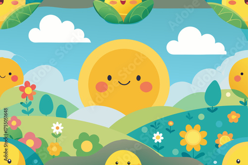 Cheerful cartoon sun and rolling hills with flowers and clouds Keywords: sun, cartoon, happy, smiling, cheerful, nature, landscape, hills, rolling
