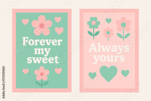 Sweet Romantic Banners. Forever my sweet. Two vertical A6 banners with safe margins, centered composition, no elements touching edges, flat vector design,