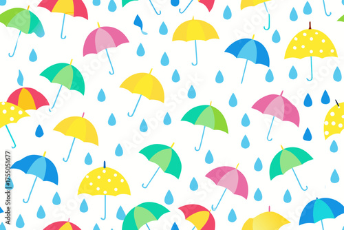 Colorful Umbrellas and Raindrops Pattern on White Background Keywords: umbrella, rain, rainy, weather, protection, colorful, pattern, background