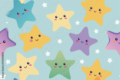 Cute Cartoon Stars With Happy Faces And Pastel Colors On A Light Blue Background vector illustration