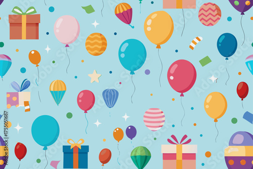 Festive seamless pattern of colorful balloons and gift boxes for celebrations Keywords: pattern, seamless, festive, celebration, party, balloons