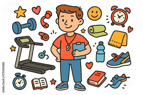 Gym Coach Icons. Trainer in Gym. Colorful Hand-drawn doodle Children illustration coach, treadmill, dumbbell, whistle, stopwatch, yoga mat, towel, water