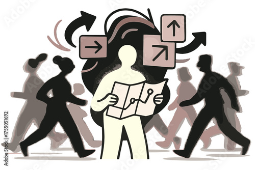Glowing Pathfinder Scene. Seeking direction. A glowing person holding a map, abstract arrows and floating signs swirling above, crowd moving around in abstract