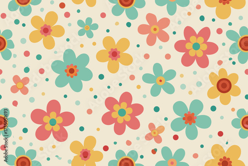 Retro Floral Pattern with Polka Dots and Daisies Keywords: floral, flower, pattern, retro, vintage, daisy, bloom, blossom, spring, summer