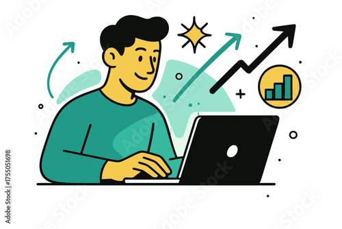 Innovative Business Research. Laptop Research. A glowing entrepreneur studying business models on laptop, abstract floating arrows, charts, and spark icons