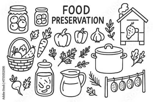 Food Preservation Icons. Food Preservation. Hand-drawn doodle illustration Food Preservation jars basket vegetables fruits herbs smokehouse canning pot drying