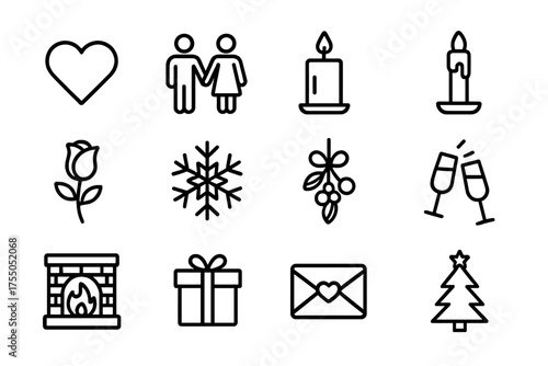 Holiday Romance Icons. Love and romance during holiday seasons. Line icon set of Love and romance during holiday seasons: heart, couple holding hands, gift