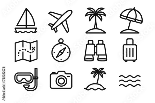 Island Adventure Icons. Island hopping. Line icon set of Island hopping: sailboat, airplane, palm tree, beach umbrella, map, compass, binoculars, luggage,