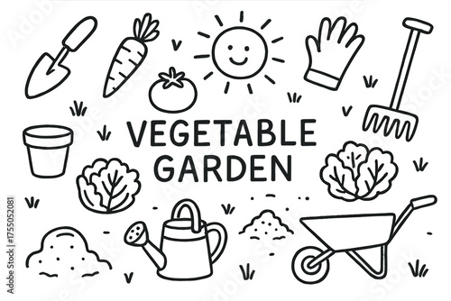 Vegetable Garden Doodles. Vegetable Garden. Hand-drawn doodle illustration Vegetable Garden trowel carrot tomato lettuce soil pot watering can gloves rake
