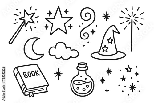 Magical Doodle Elements. Magic. Hand-drawn doodle illustration Magic wand star spark swirl sparkler moon cloud hat book potion fairy dust. Simple cartoon-style