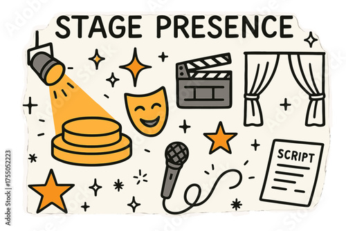 Doodle Stage Elements. Stage Presence. Hand-drawn doodle illustration spotlight (colored), stage (colored), mask (colored), sparkle, star, clapperboard,