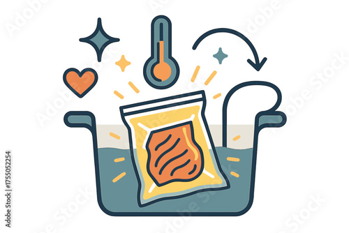 Art Culinaire Moderne. Sous-vide. Glowing sealed bag submerged in hot water bath with thermometer icon glowing above. Floating icons of sparkle, heart, and