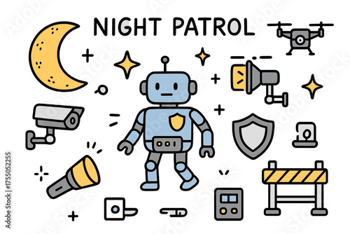 Security Robot Doodle. Night Patrol. Hand-drawn doodle illustration security robot (colored), moon (colored), spotlight (colored), camera, sparkle, star, drone
