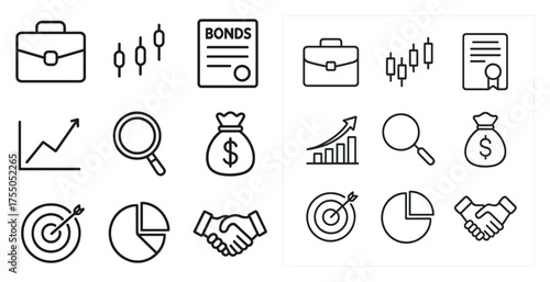 Business and finance outline icons set – linear, corporate, monetary symbols