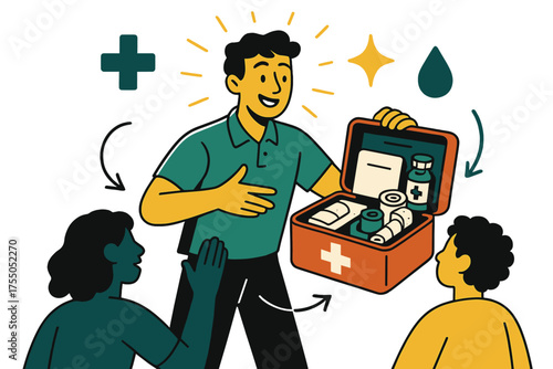 First Aid Animation. First aid kit demo. Instructor glowing while unpacking kit showing items inside. Floating icons of cross, sparkle, and droplet showing
