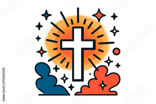 Radiant Cross Illustration. Heavenly Glow. A glowing cross with radiant light beams, abstract floating spark and star icons symbolizing divinity. Modern
