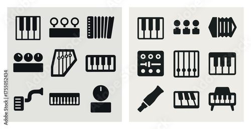 Music instruments solid icons set – filled, silhouette, musical symbols collection