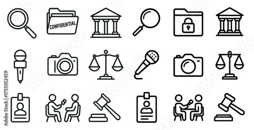 Legal and investigation outline icons set – linear, filled, justice and law symbols