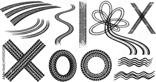 Dirty tire tracks texture set - grunge textures. Vector, EPS version.