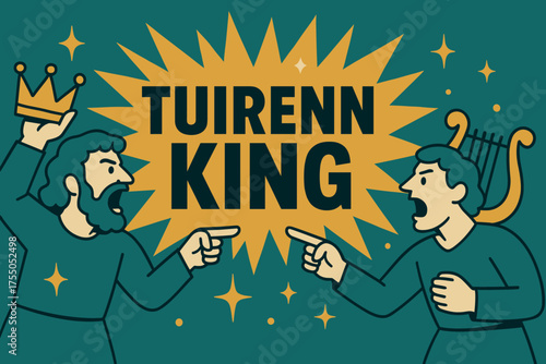 Tuirenn King Spectacle. Tuirenn King banner, flat vector illustration, bold oversized text inside splash explosion, cartoon characters shouting and pointing,