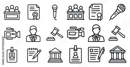 Legal and justice outline icons set – law, courthouse, courtroom symbols