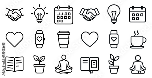 Business collaboration linear icons set – outline, handshake, teamwork symbols