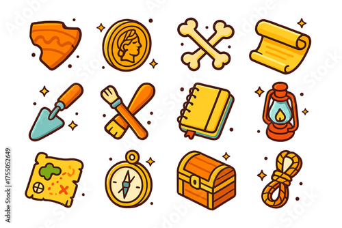 Isometric Artifact Icons. Artifact Discovery. Colorful isometric vector icons set of artifact discovery: pottery shard, ancient coin, bones, scroll, trowel,