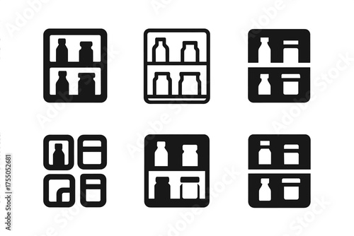 Pantry Organization Logos. Arranging Pantry Items by Category. Set Logo of Arranging Pantry Items by Category: stylized pantry organization icon. harmonious