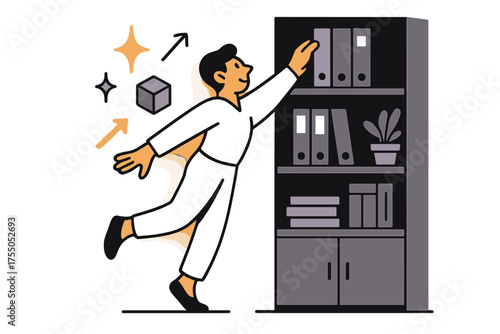 Dynamic Office Reach. Office shelf. Glowing worker on tiptoes trying to grab a folder from a tall cabinet. Floating icons of sparkle, arrow, and cube