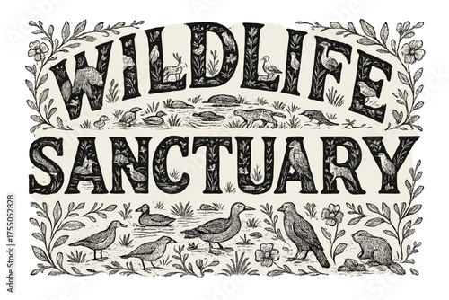 Wildlife Sanctuary Design. Decorative Display Lettering: "Wildlife Sanctuary" patterned letters filled with tiny illustrations of animals, plants, and rivers;