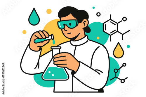 Safe Scientific Exploration. Laboratory work. Researcher wearing protective goggles handling liquids with care, abstract floating droplets and geometric