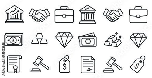 Business and finance icons set – outline, linear, corporate and money symbols