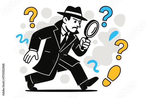 Detective's Abstract Clues. Silent movie vibe. Detective with magnifying glass, floating question marks and abstract clues around, black-and-white suspenseful